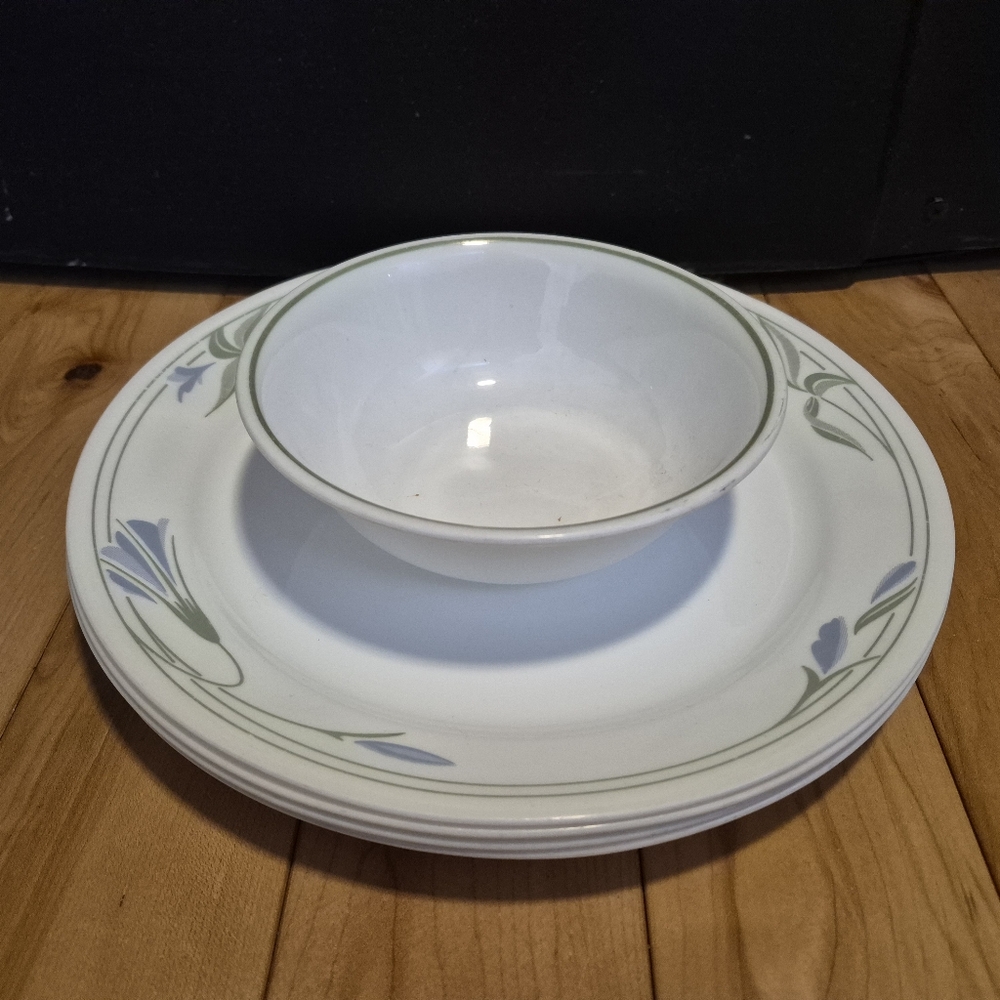 Corelle Blue Wreath, 4 dinner plates and 1 bowl